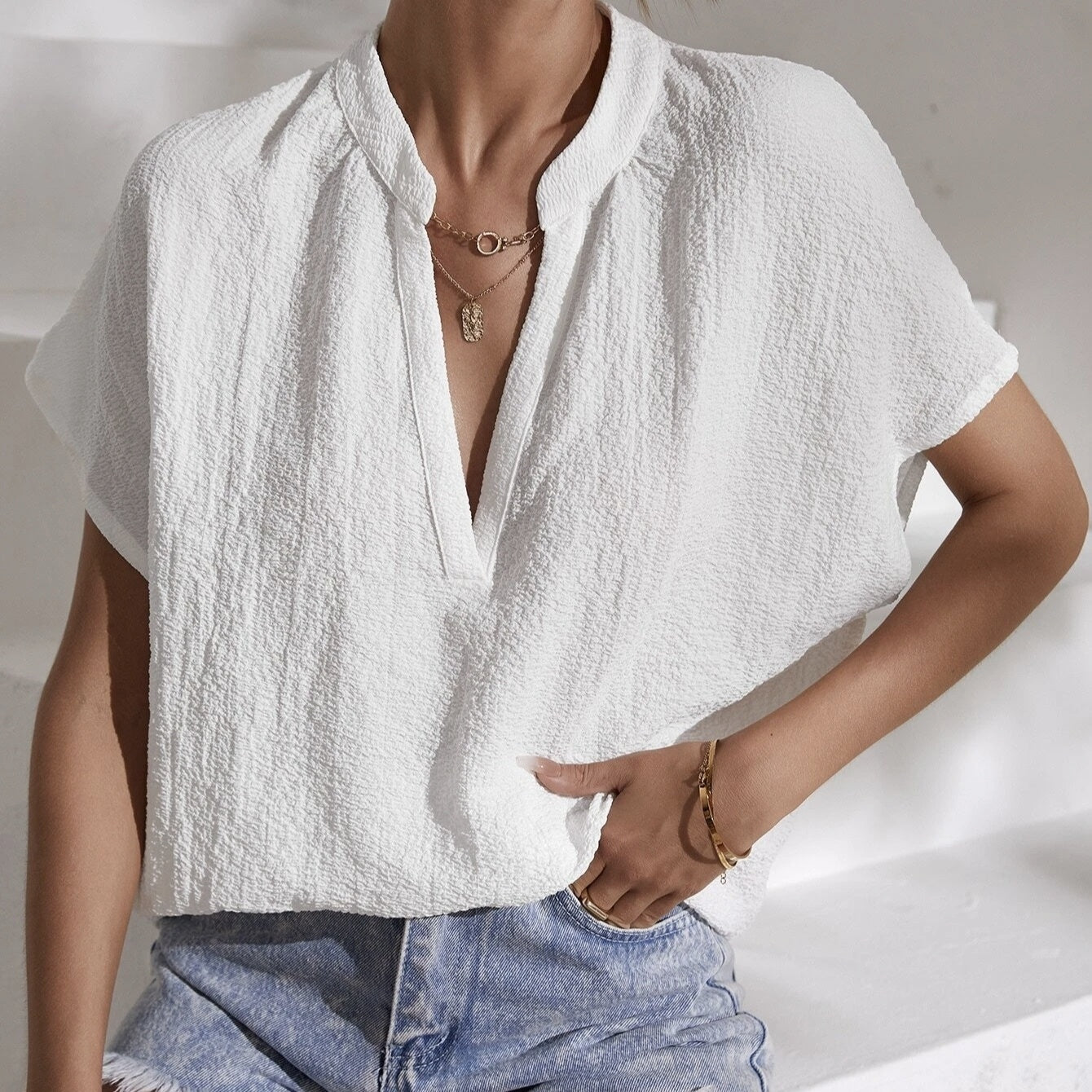 Women's Summer New Notch Batwing Sleeve Shirt Deep V-neck Casual Loose Short Sleeved Top