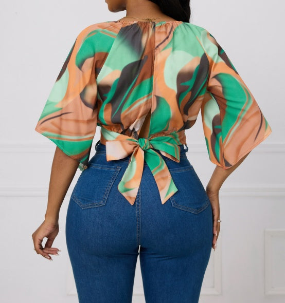 Ladies' Round Neck Printed Waist Cinched Shirt Top