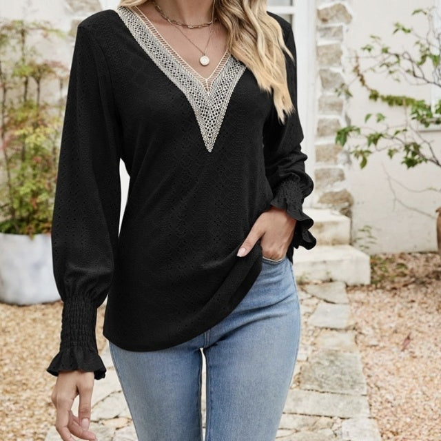 Women's Solid Color V-neck Lace Patchwork Collar Ruffle Sleeves Long Sleeved Top
