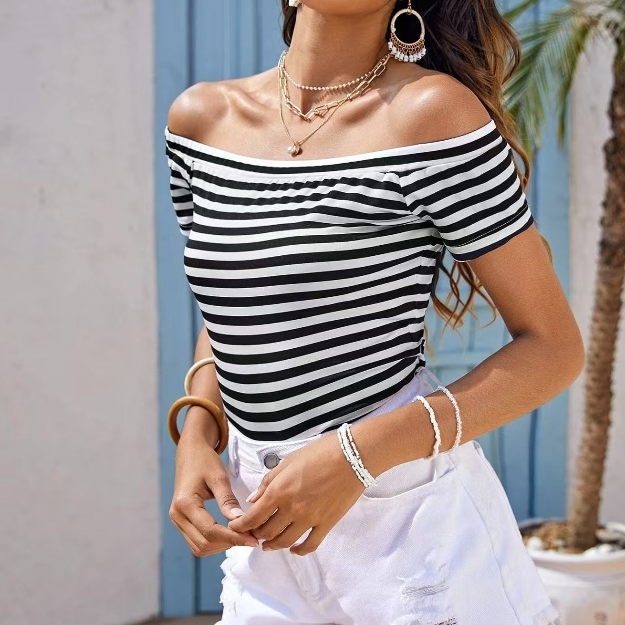 Ladies' Off Shoulder Striped Top Casual One Shoulder Shirt