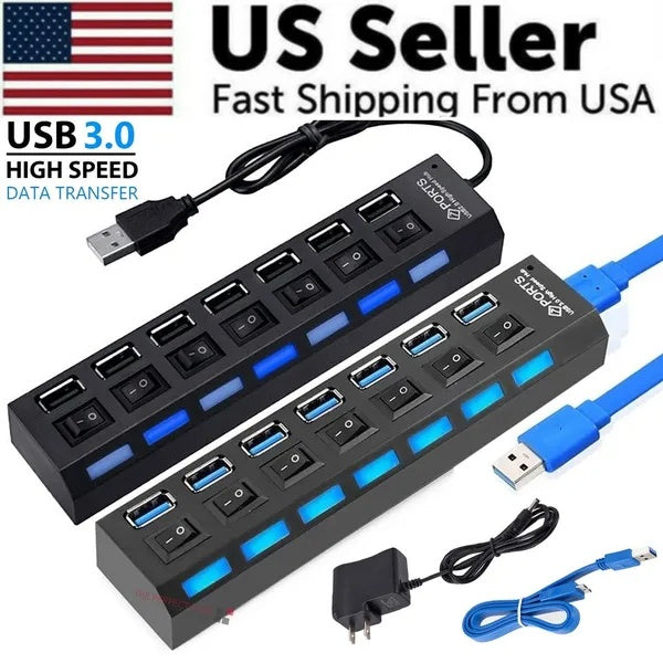 7 Port USB 2.0 3.0 Hub Splitter Adapter High Speed For PC Laptop Desktop