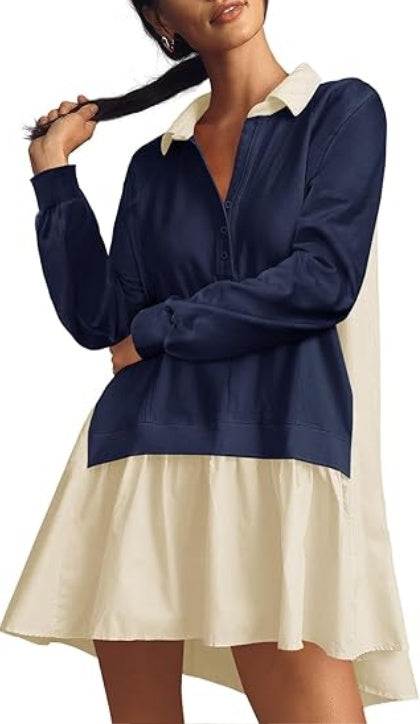 Fisoew Womens Oversized Sweatshirt Dress Long Sleeve V Neck Patchwork Casual Pullover Tops Loose Fit Mini Dresses