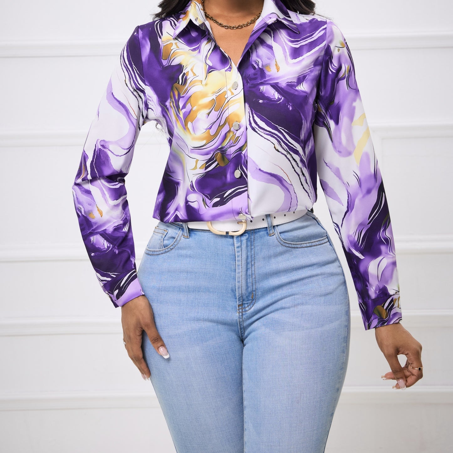 Ladies' Fashionable And Elegant Springsummer Shirt With A Collar And Fashionable Print, Comfortable And Casual Long Sleeved Shirt Top