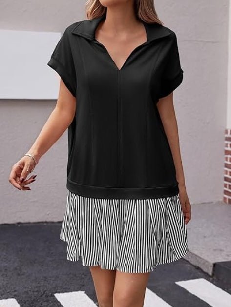 Fisoew Womens Summer Mini Dress Casual Patchwork Short Sleeve Polo V Neck Striped Dresses With Pockets