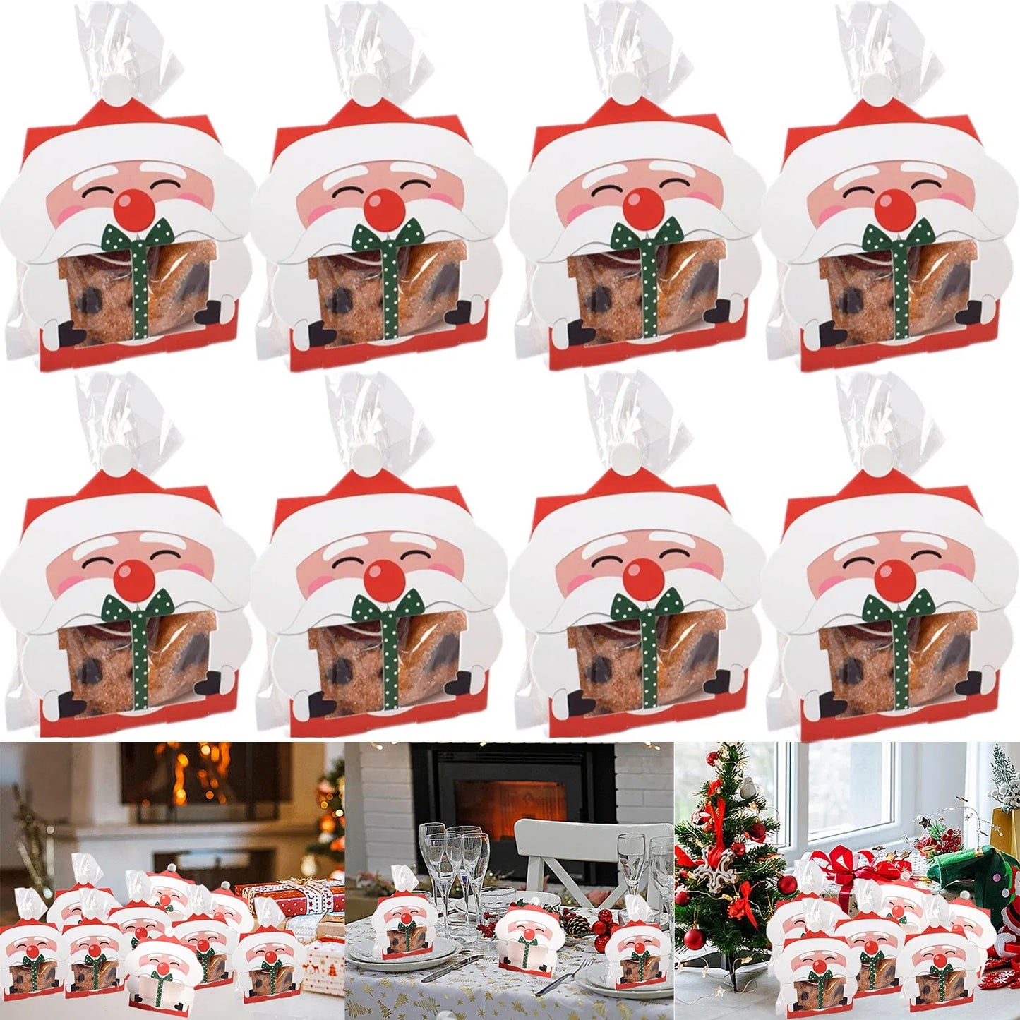 8 Pcs Mini Christmas Candy Boxes With Cellophane Bags And Twist Ties Cartoon Santa Claus Design Gift Box Paper Merry Christmas Goodie Cookie Boxes For Xmas Holiday Party Supplies