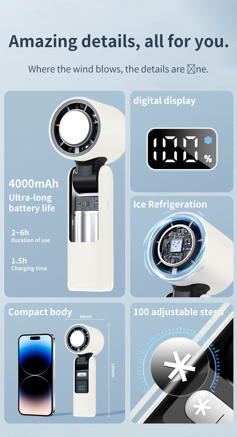 Portable Handheld Fan, Speed Adjustable Turbo Mini Fan, Reduced Temperature Mode, Rechargeable Digital Display Foldable Personal Fan With Night Light, Suitable For Women Men Outdoor