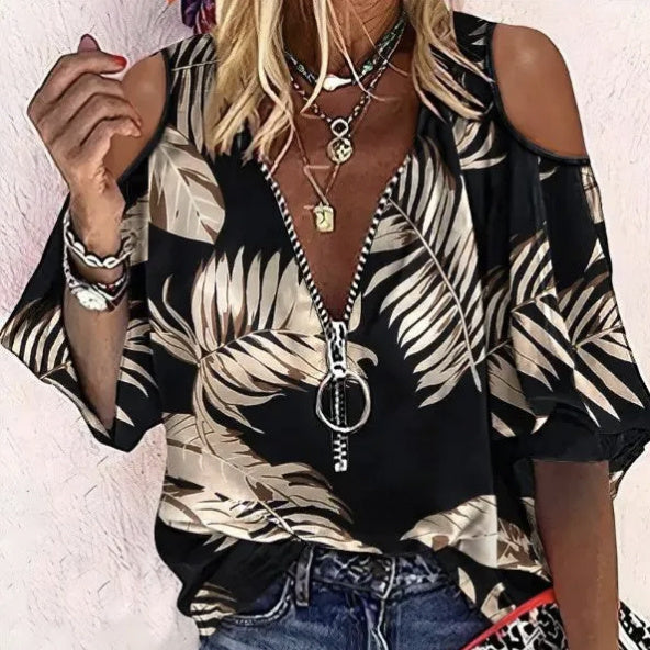 Ladies' Plant Printed Zipper Detail Carving Casual Versatile T-shirt Top