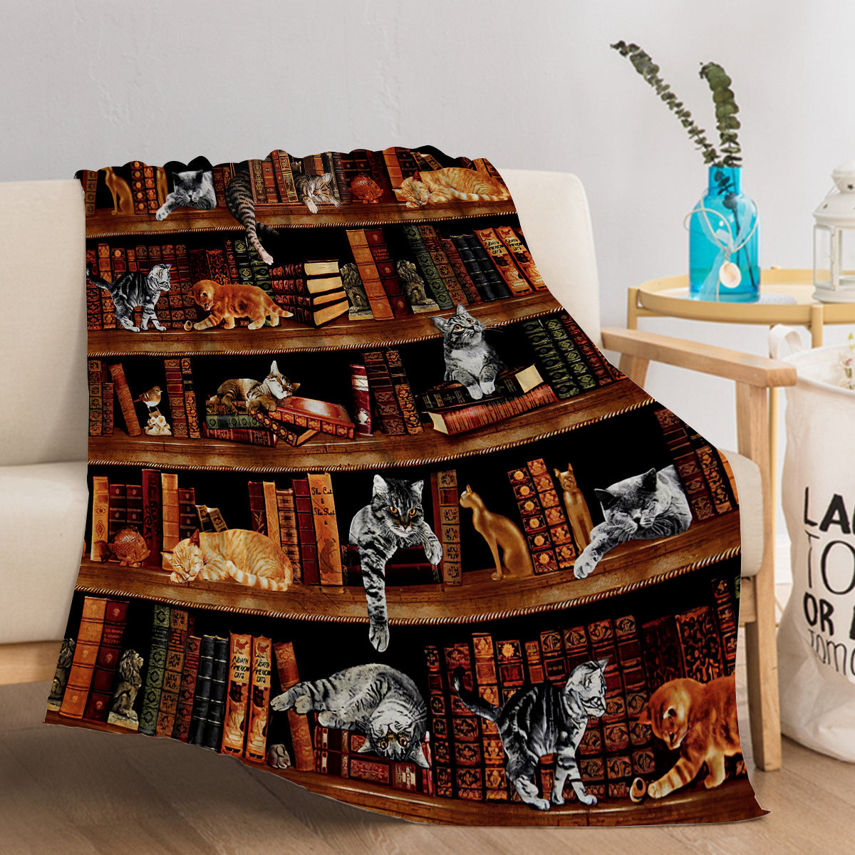 Vintage Kitten Flannel Blanket Cat In The Bookshelf Throw Blanket Librarian Book Lover Gifts Fleece Blankets For Bed Couch Sofa