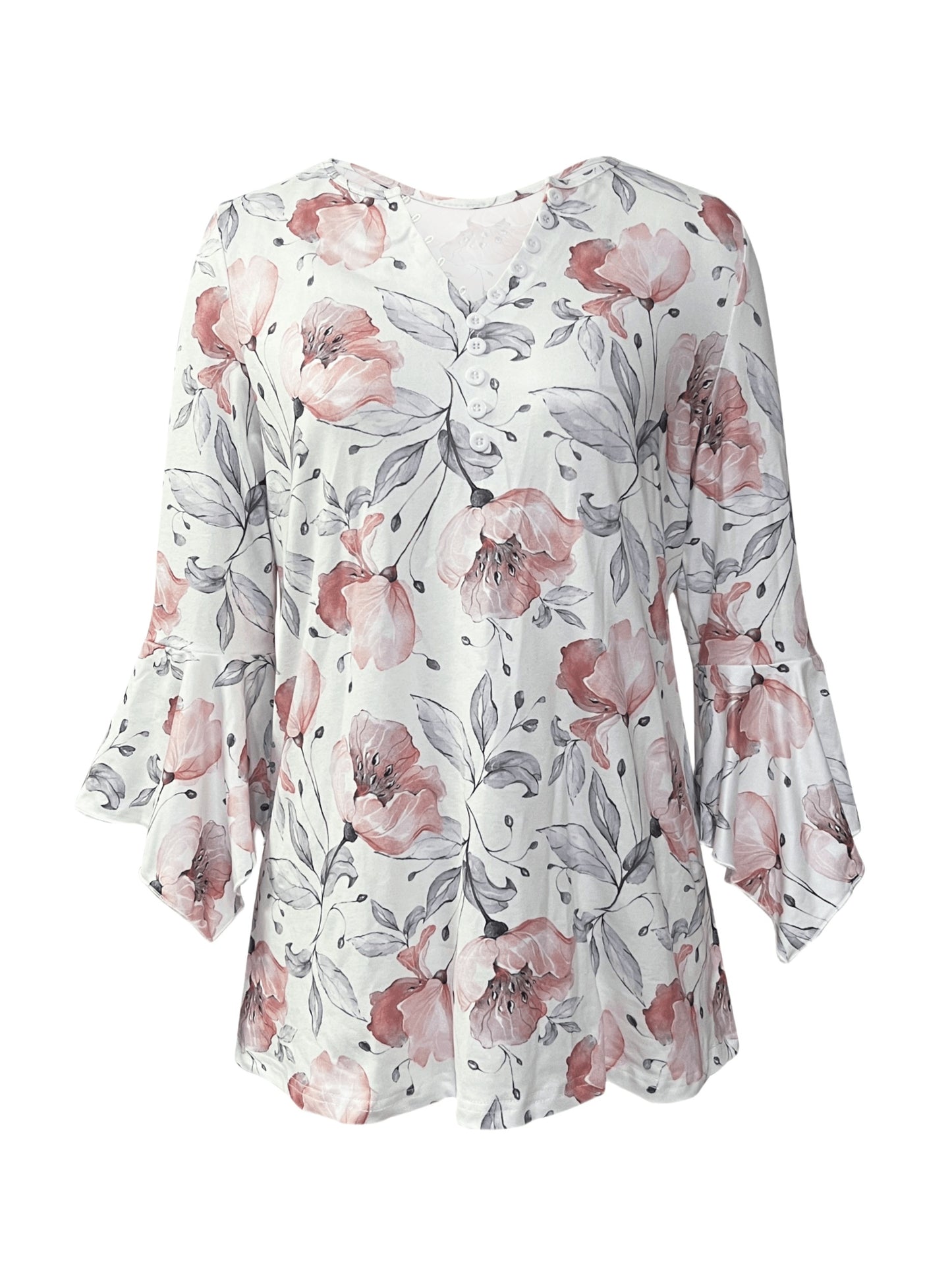 Spring And Autumn New Printed Spike Button Irregular Three-quarter Sleeve T-shirt Casual Top