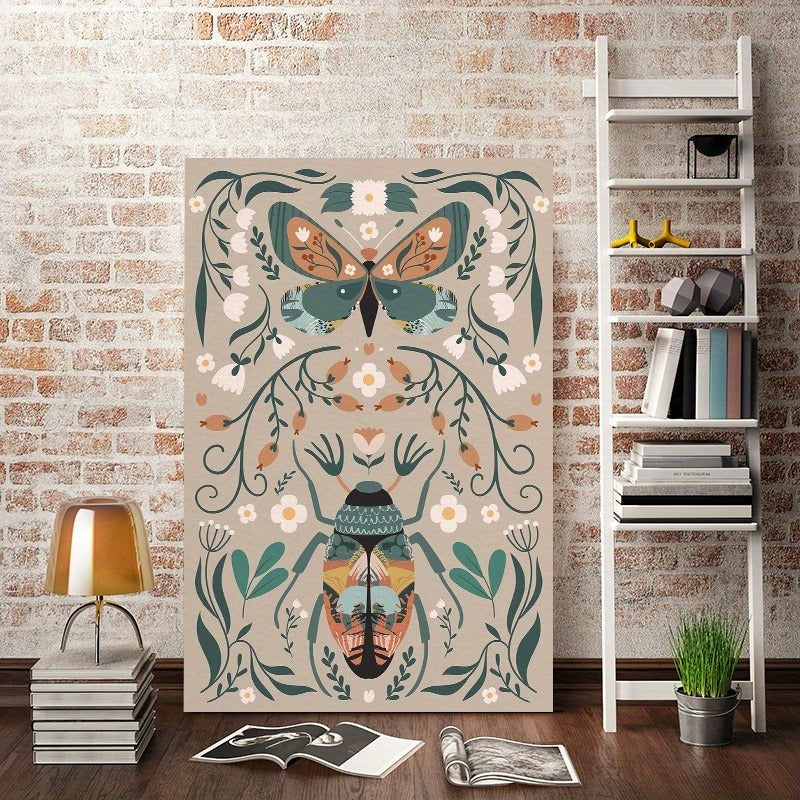 1pcs Modern Classic Wood Frame Canvas Wall Decor With Plant Flower & Butterfly Print, Girls Bedroom Wrap Canvas Painting, Animal Nature Digital Art, Realism Mid-Century Bohemian Collegiate Room Decor