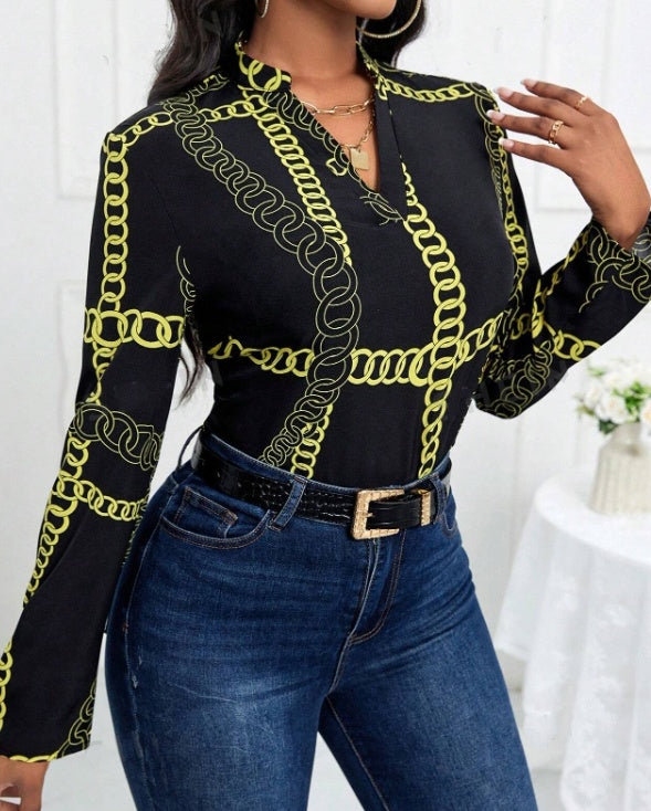 Ladies' Chain V-neck Printed Fashion Shirt