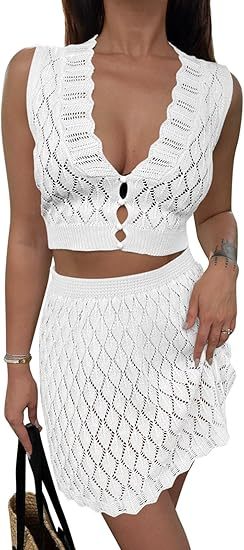 Saodimallsu Womens Two Piece Crochet Swimsuit Cover Ups Sleeveless V Neck Crop Tops Skirt Sets Beach Vacation Outfits