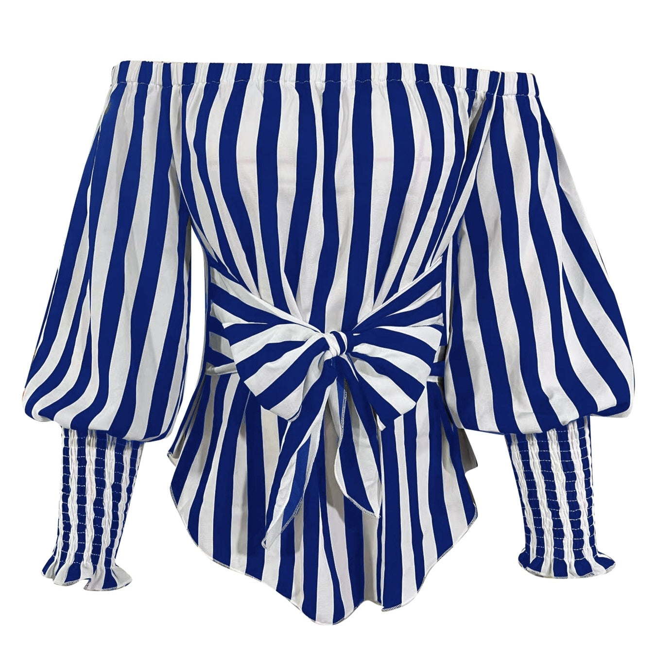 Ladies' One Shoulder Striped Printed Waist Cinching Lace Up Curved Hem Shirt