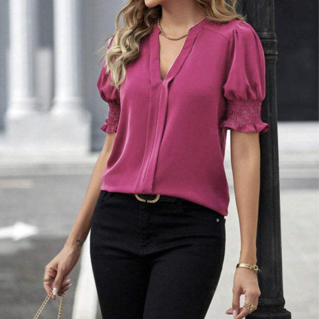 Ladies' Casual Style Lantern Sleeves V-neck Elegant And Fashionable Short Sleeved Shirt