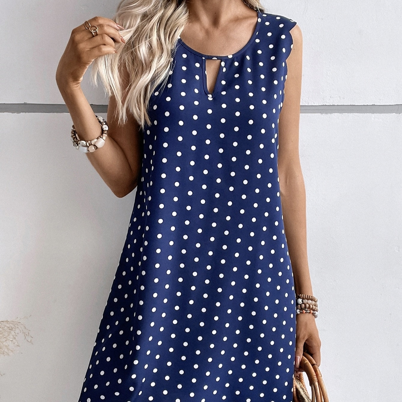 Ladies' Casual Pullover With Polka Dot Hollowed Out Collar And Round Neck Wavy Edge Dress