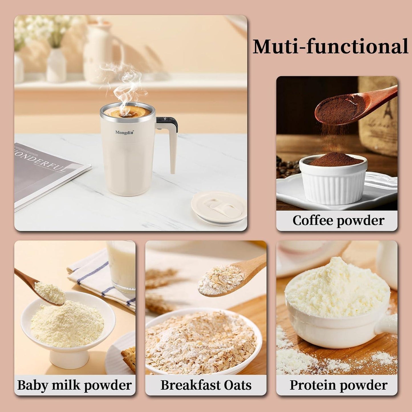 Mocha 12 Oz With Temperature Display Rechargeable Automatic Stirring Coffee Cup With Lid Suitable For Coffee Milk And Other Drinks White