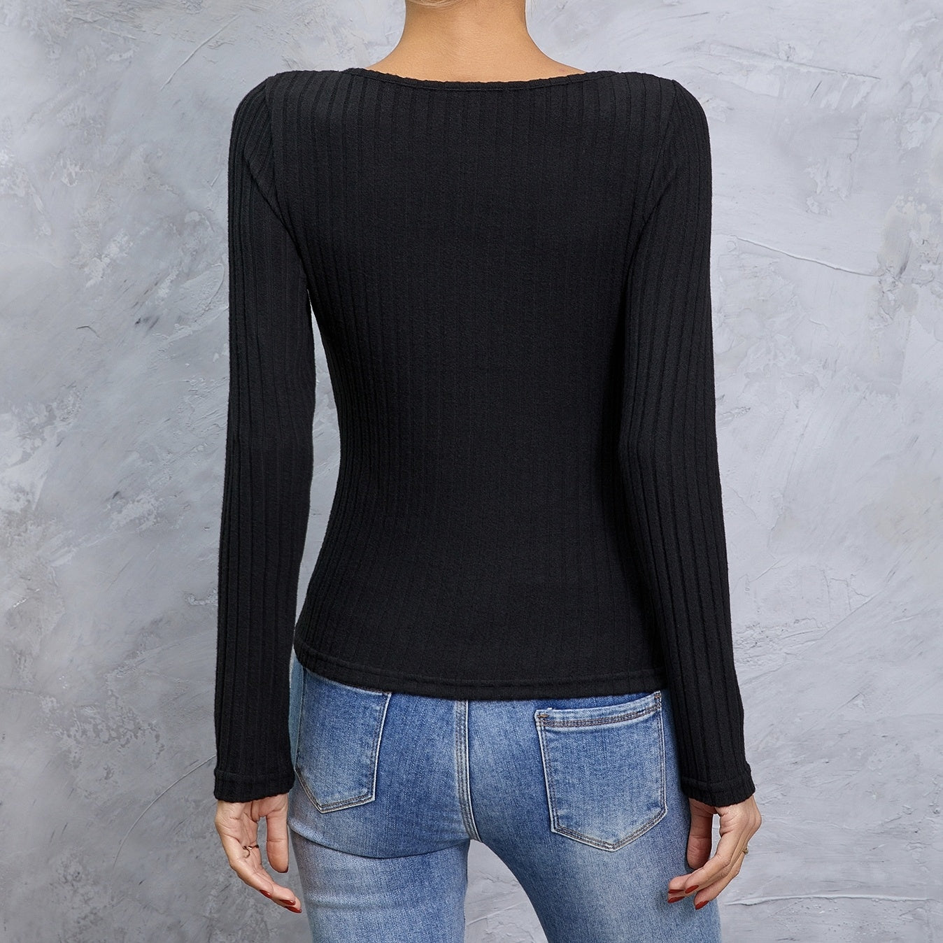 Ladies' Solid Color Collar Cross Design Slim Fit, Simple And Comfortable Elastic Long Sleeved T-shirt