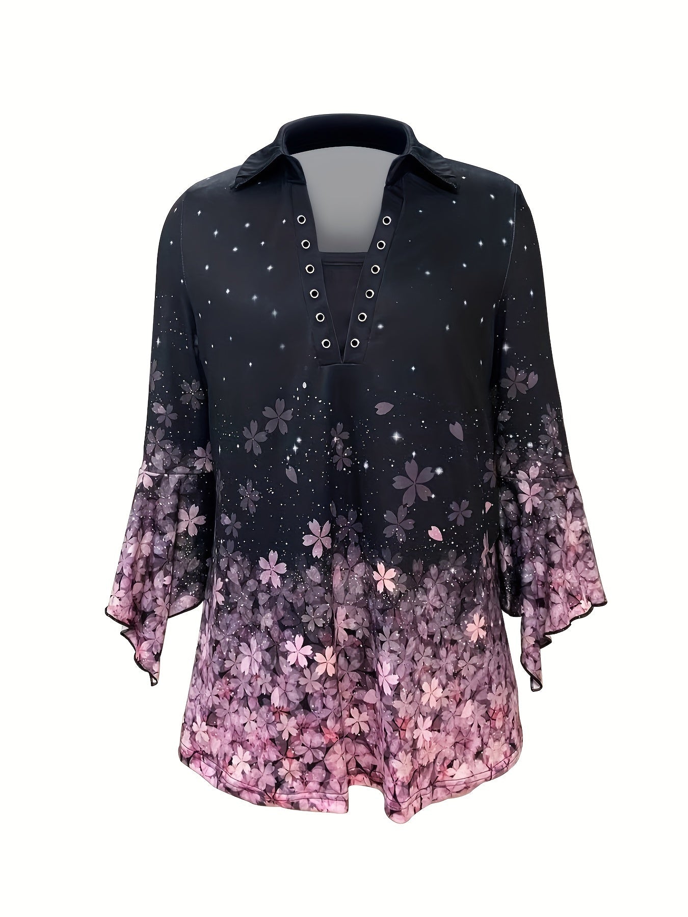 Spring And Autumn New Printed Lapel Three-quarter Sleeve T-shirt Irregular Cuff Button Top