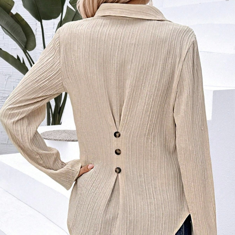 Women's New Solid Color Versatile Lapel Button Detail Casual Simple Long Sleeved Shirt Top