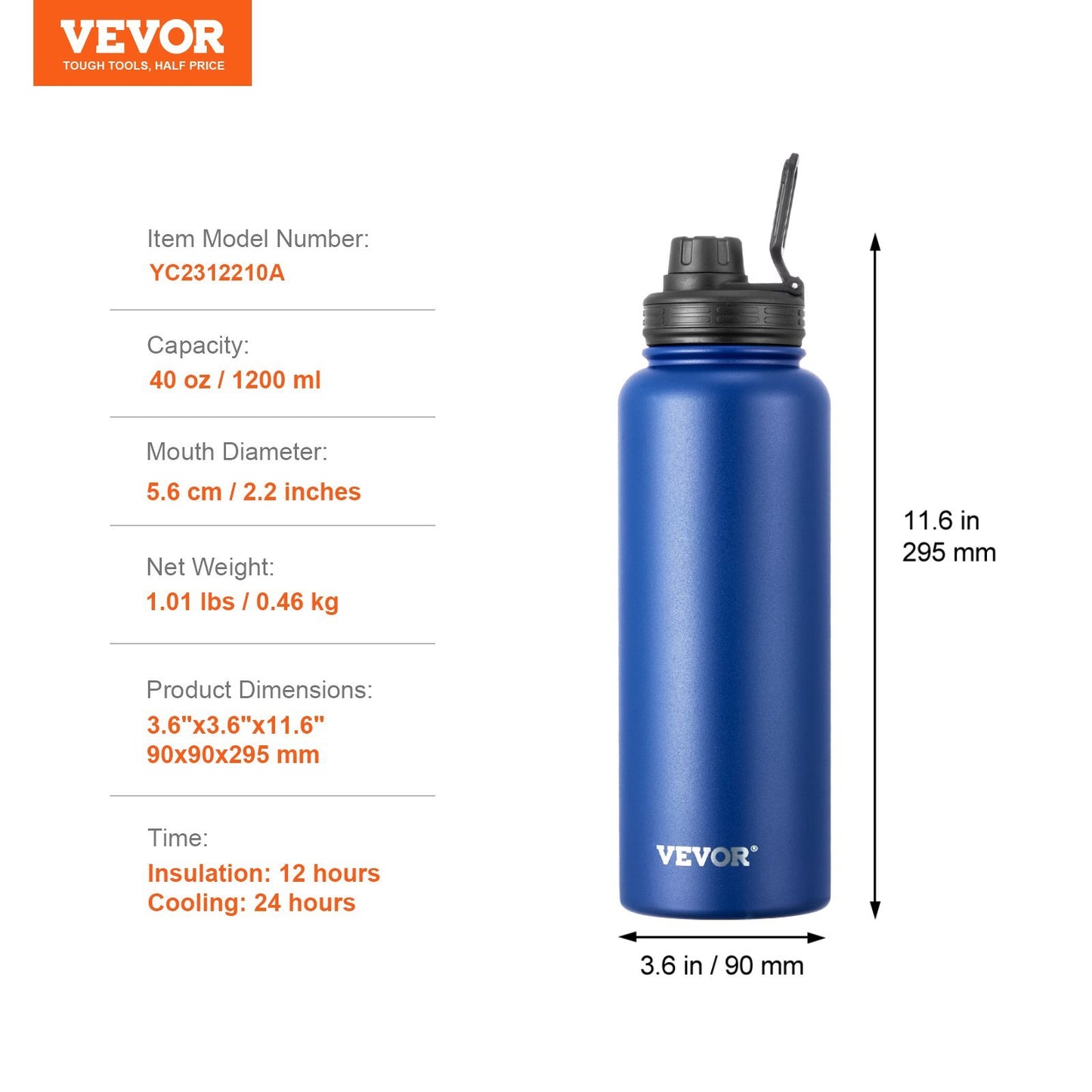 40 Oz Insulated Water Bottle Stainless Steel With Wide Mouth Lid Blue - EBS PLATFORM INC.