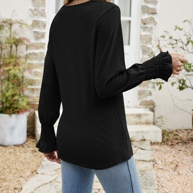 Women's Solid Color V-neck Lace Patchwork Collar Ruffle Sleeves Long Sleeved Top