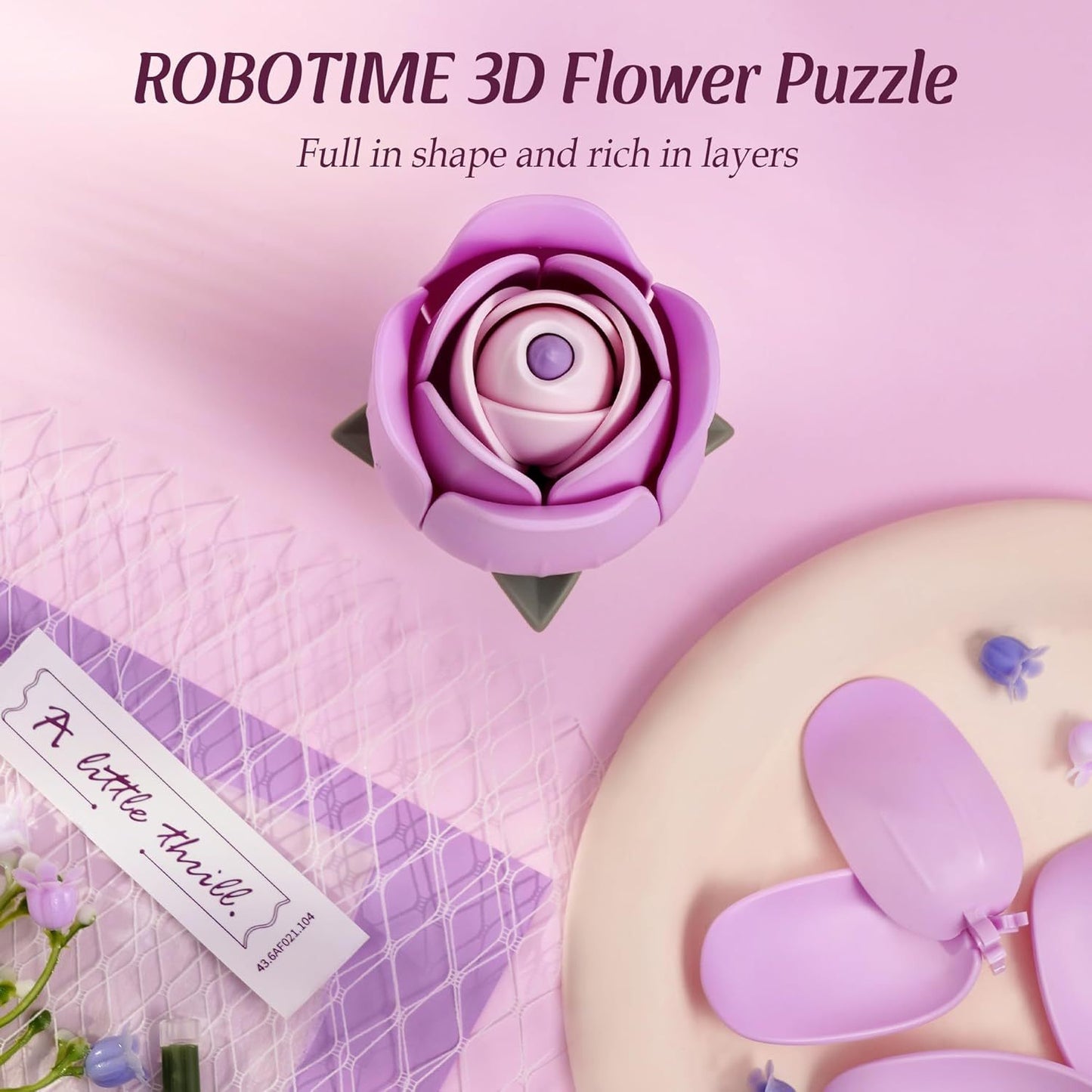 ROBOTIME Flower 3D Puzzle Model Kits Puzzles For Adults To Build Artificial Flowers For Home Bedroom Living Room Decor, Gifts For Women Valentine, Purple Rose
