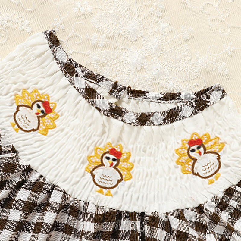 Infant Baby Girls Thanksgiving Dress Turkey Print Casual Short Sleeve Plaid Party Costume Dresses