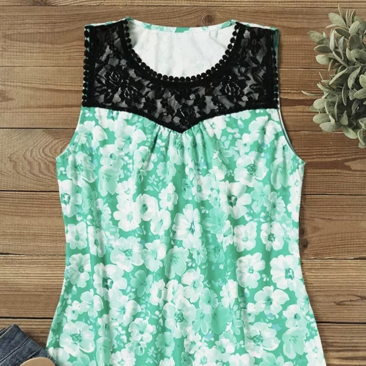 Ladies' Fashionable Casual Solid Color Printed Lace Collar Vest Top