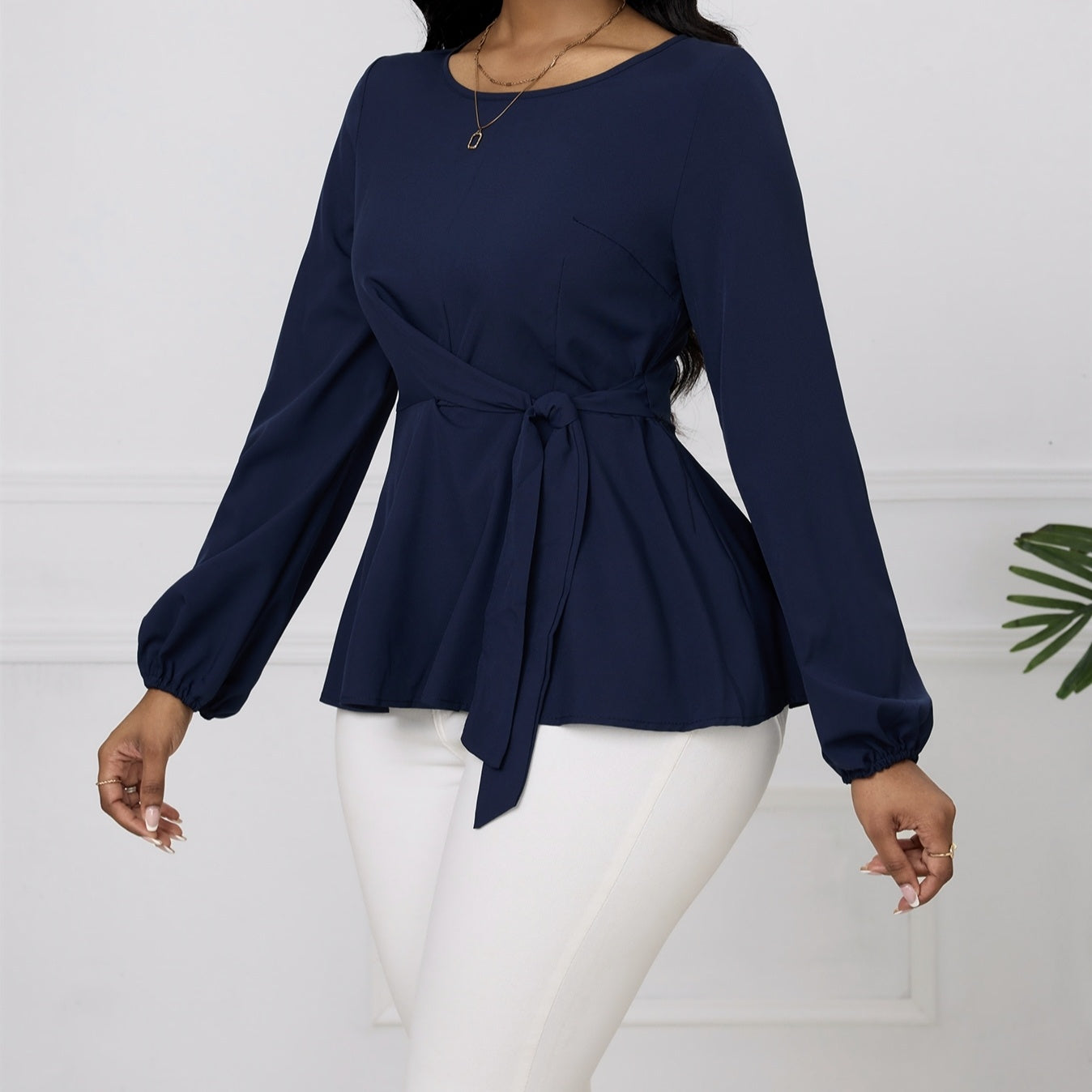 Women's Solid Color Round Neck Side Cinched Waist Tied Shirt Top