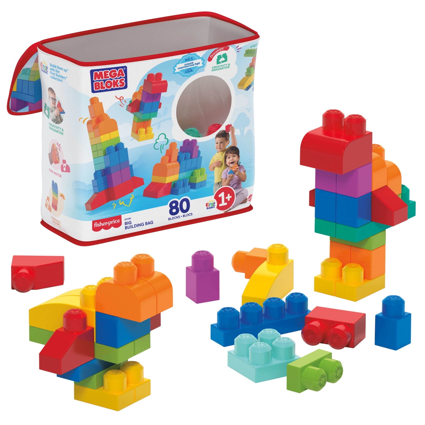 MEGA BLOKS Fisher-Price Toy Blocks Blue Big Building Bag with Storage (80 Pieces) for Toddler