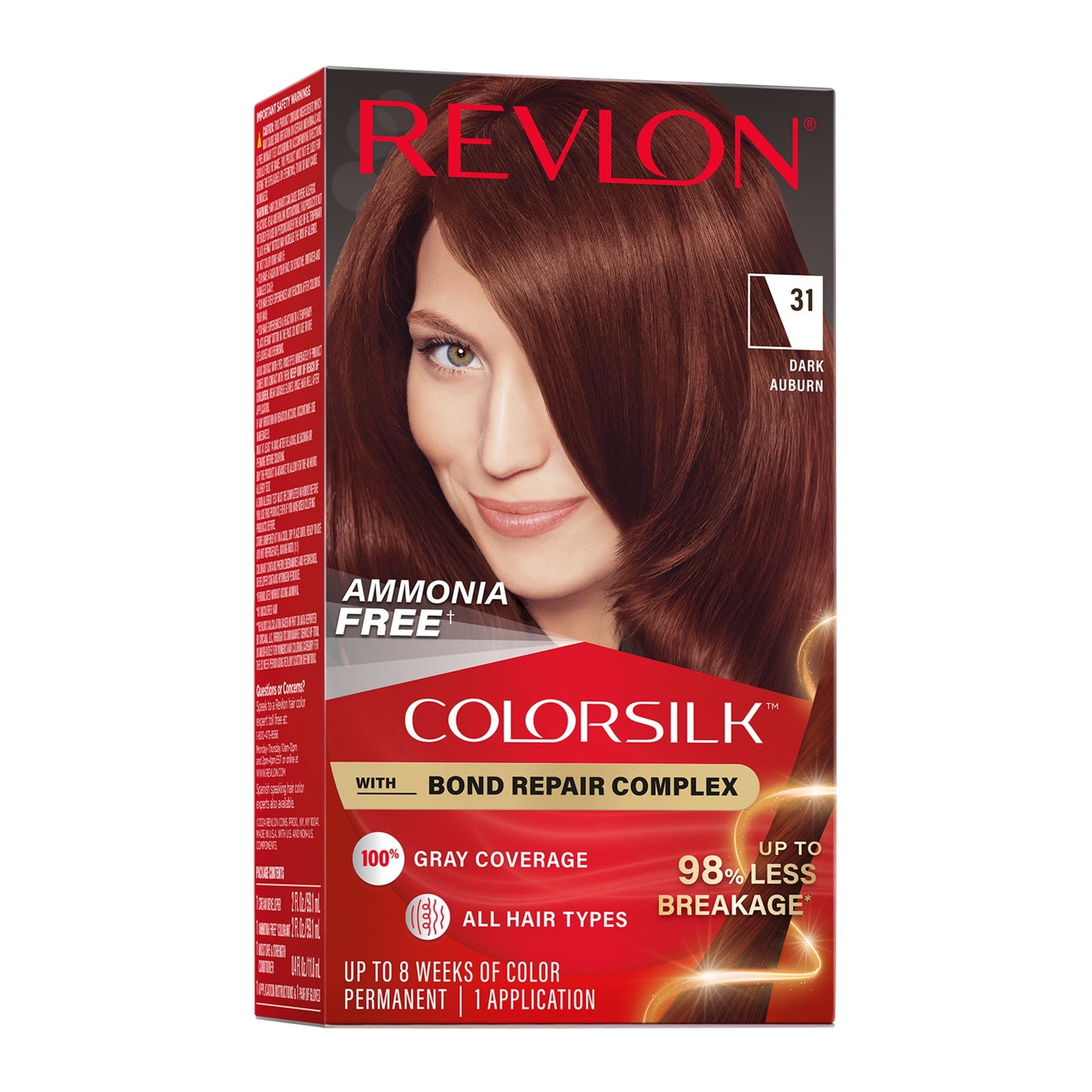 Revlon ColorSilk Permanent Hair Color, Bond Repair Complex, 45 Bright Auburn, 1 pack
