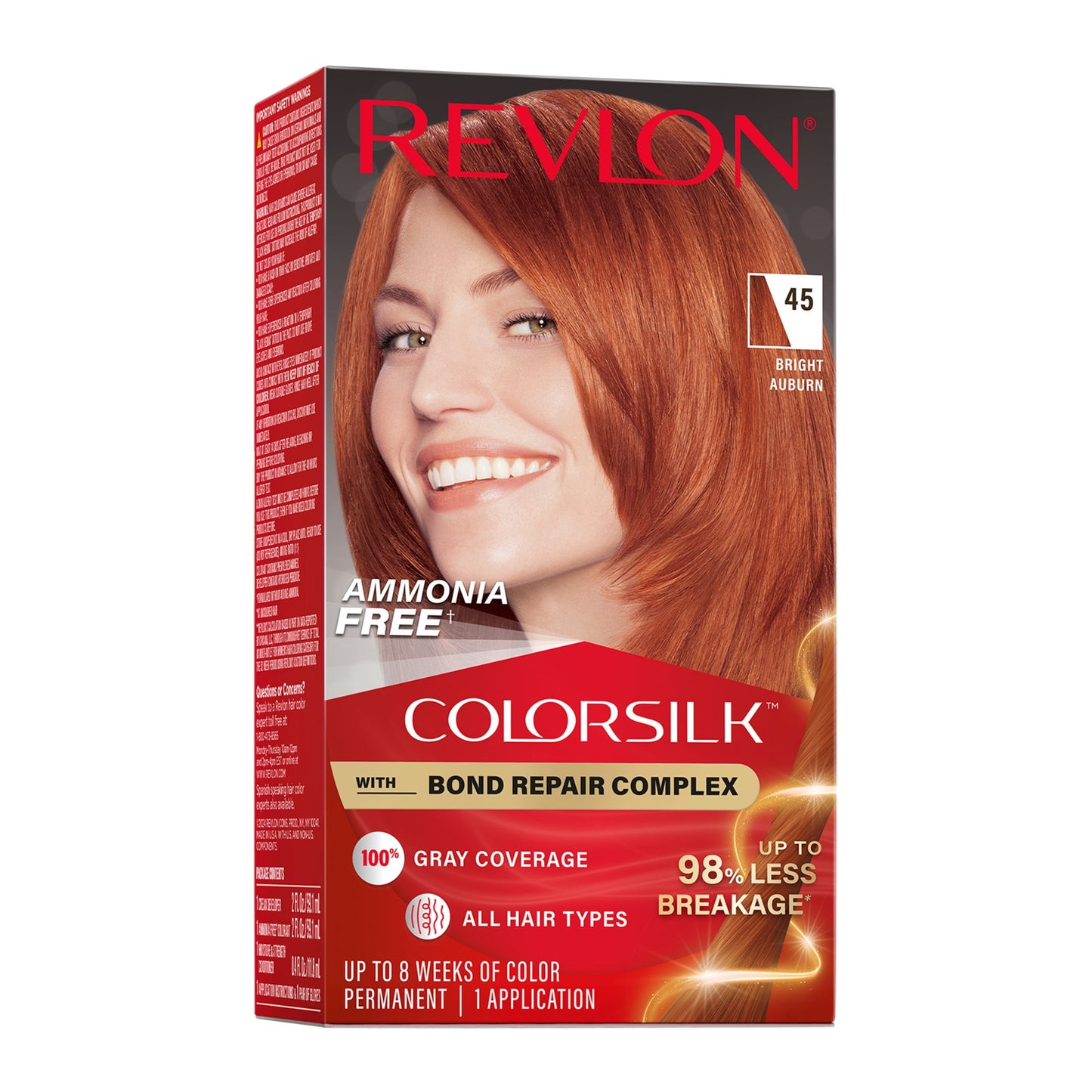 Revlon ColorSilk Permanent Hair Color, Bond Repair Complex, 45 Bright Auburn, 1 pack
