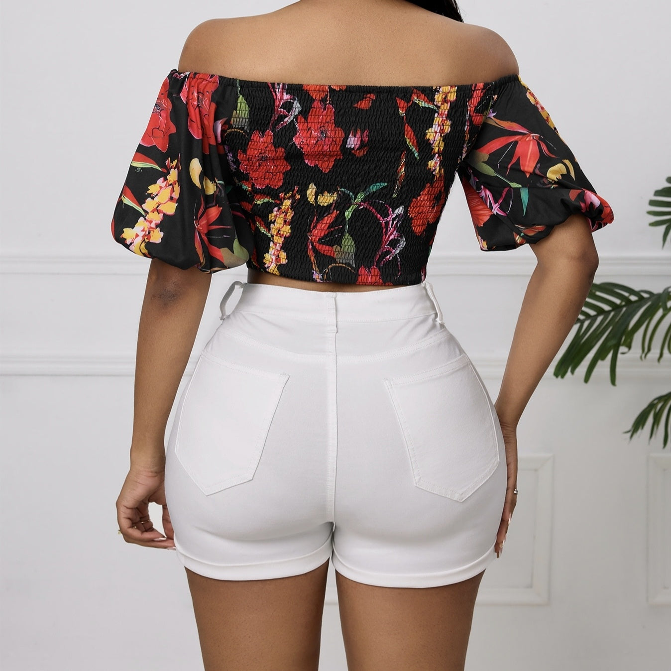 Ladies' Summer New Cross Wrapped Chest Lantern Sleeve Short Flower Printed Elegant Top