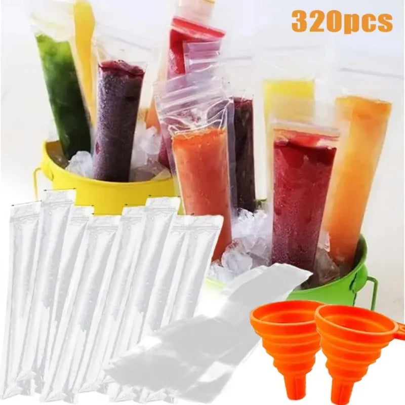 320 Pcs Disposable Beverage Packaging Bag Ice Popsicle Mold Bags With 2 Pcs Orange Funnels DIY Ice Lolly Bags BPA Free Freezer Tubes With Zip Seals For Summer Halloween Birthday Party