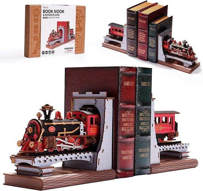ROBOTIME Book Nook Book Ends Kits Century Train DIY Booknook 3D Wooden Puzzle Model Kit Bookend Bookshelf Decoration Gifts For Adults Kids Teens