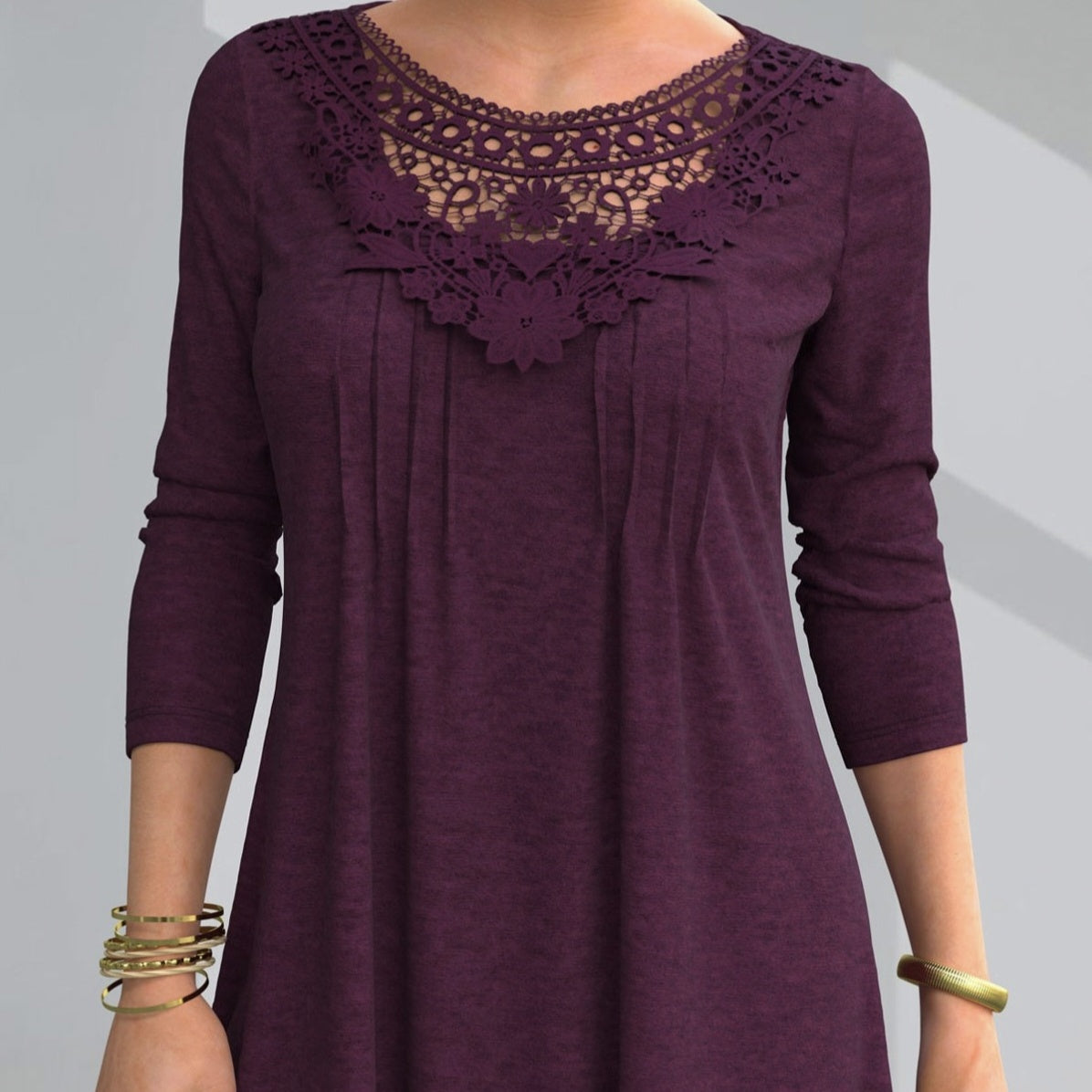 Ladies' Fashion New Solid Color Lace Splicing Round Neck T-shirt Casual Top