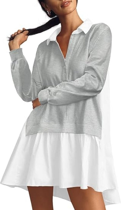 Fisoew Womens Oversized Sweatshirt Dress Long Sleeve V Neck Patchwork Casual Pullover Tops Loose Fit Mini Dresses