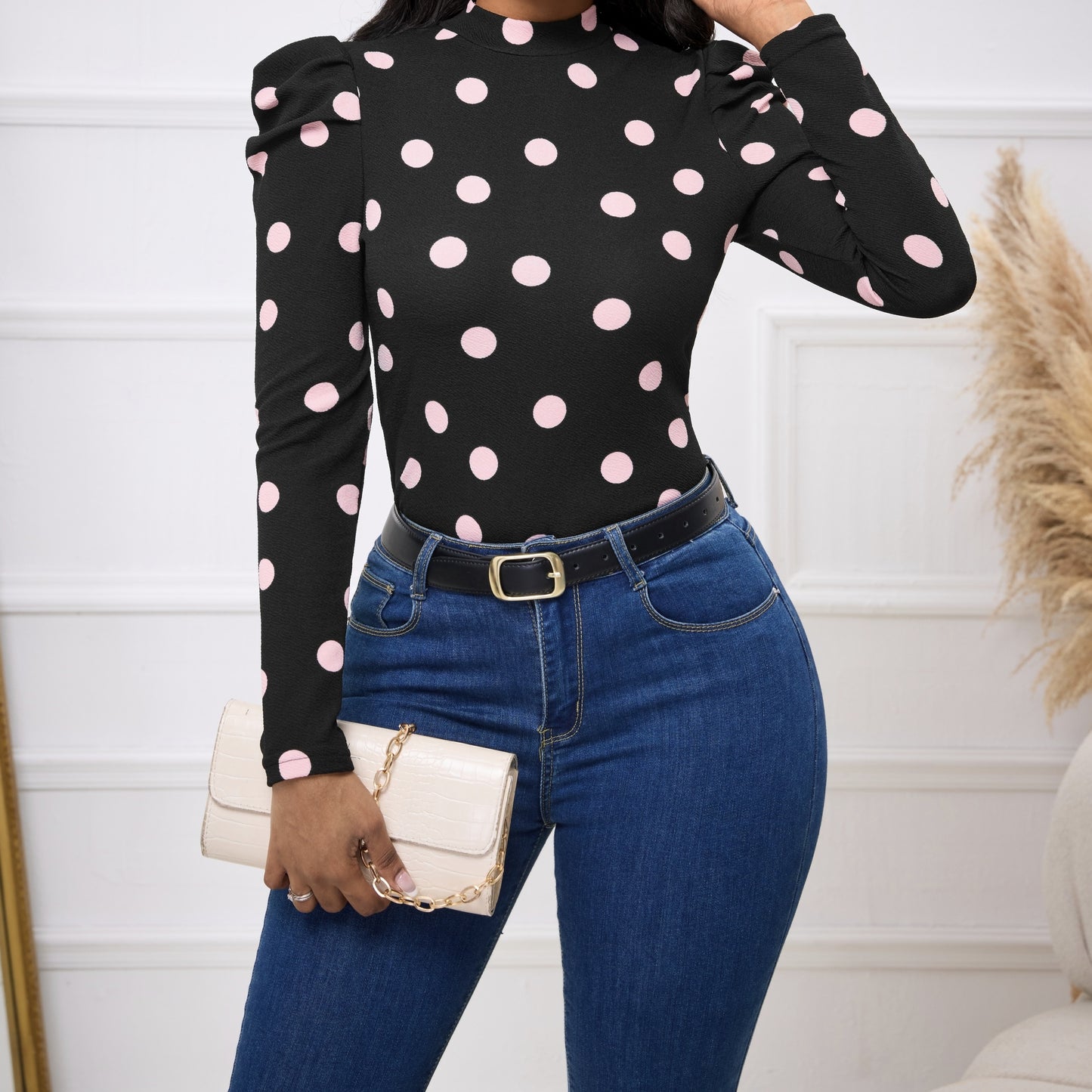 Ladies' Polka Dot Print Slim Fit Figure Enhancing Basic Versatile Elegant T-shirt