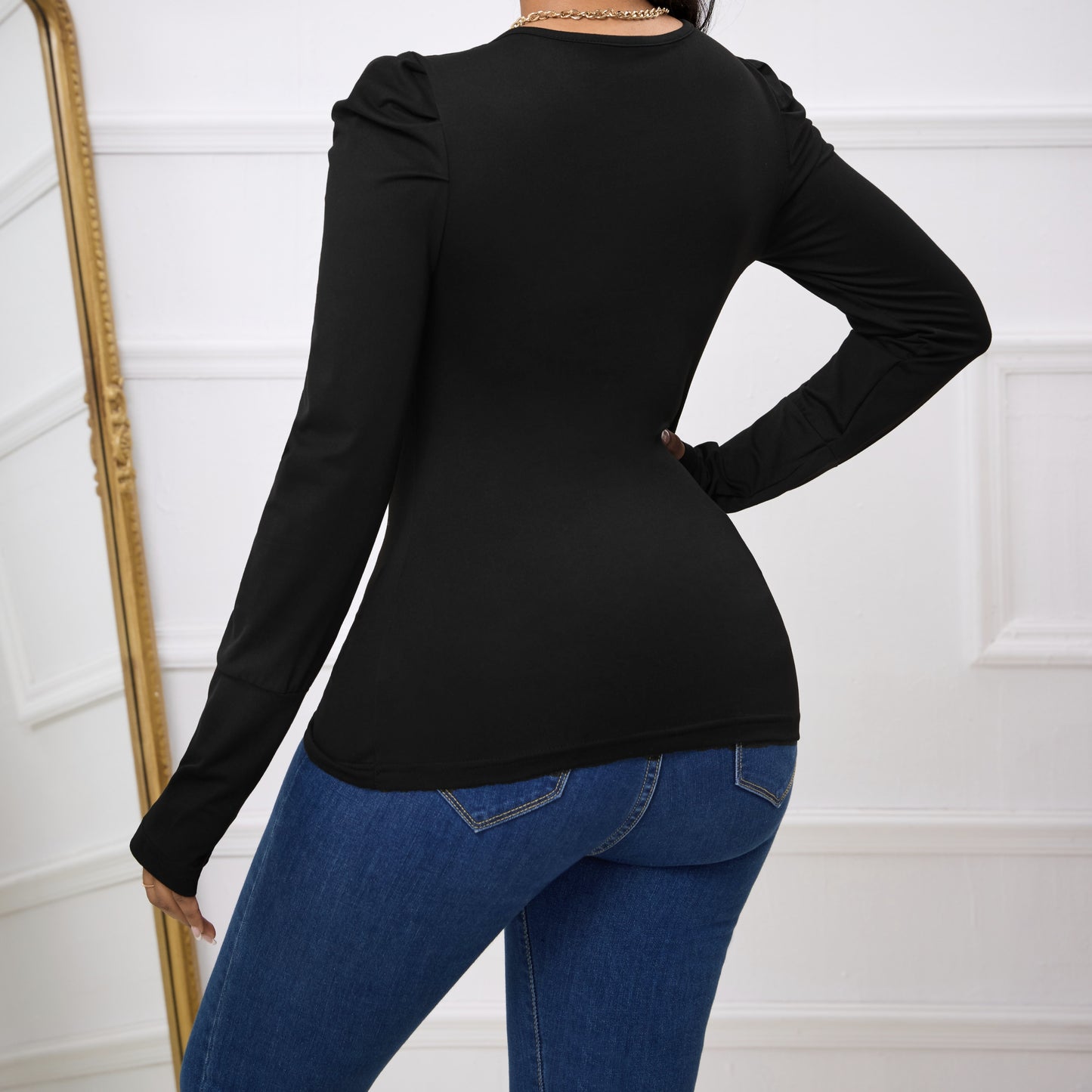 Women's Solid Color Round Neck Bubble Sleeves Slim Fit And Slimming Basic Simple And Versatile Long Sleeved T-shirt
