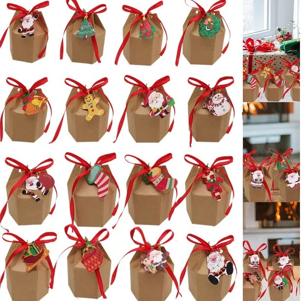 24 Pcs Christmas Gift Boxes With Ribbon And Cards Cartoon Santa Claus Reindeer Snowman Pattern Box Paper Cookies Candy Treat Boxes For Christmas Party Favor Supplies - EBS PLATFORM INC.