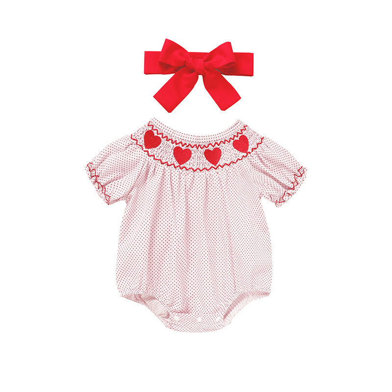 Newborn Baby Girls' Valentine's Day Smocked Romper Short Sleeve Heart Embroidery Jumpsuit Casual Cute Romper
