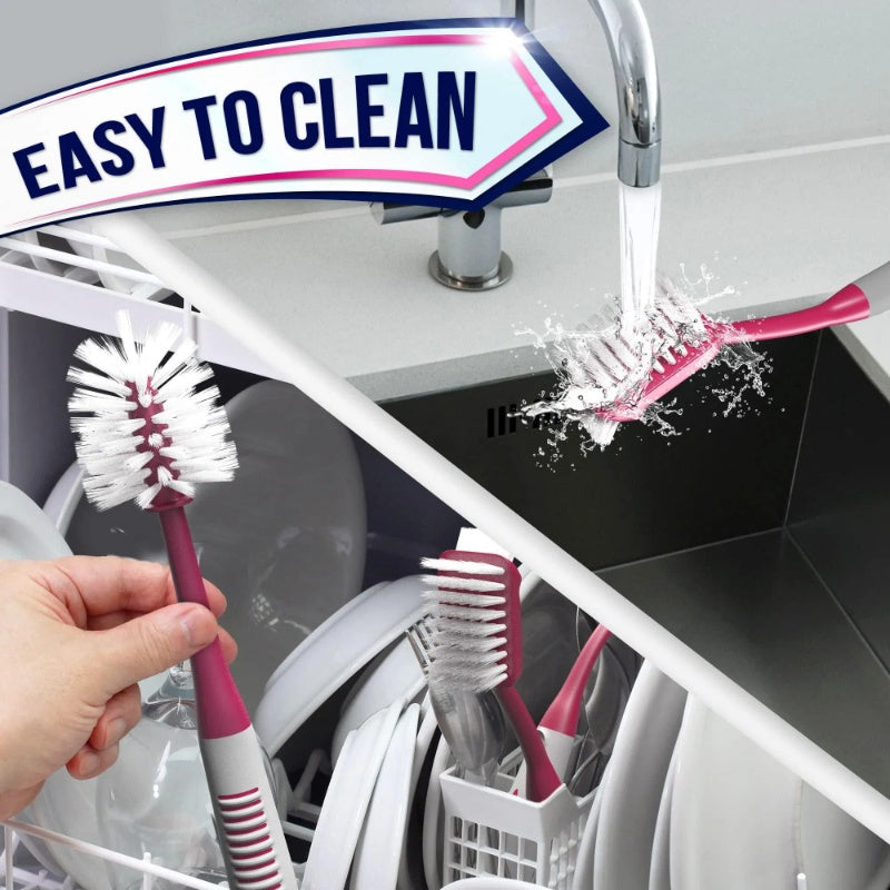 Red Dish Brush Set Of 3 With Bottle Water Brush Dish Scrub Brush And Scrubber Brush For Kitchen Ergonomic Non Slip Long Handle