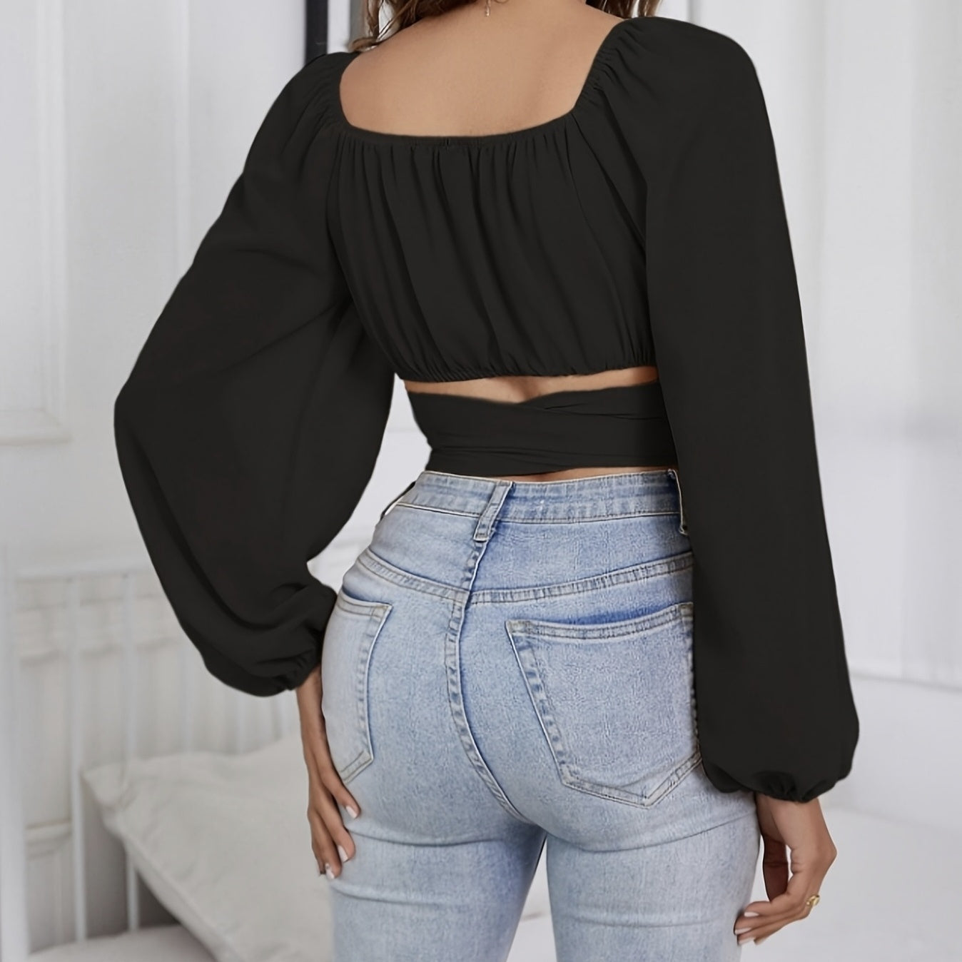 Ladies' Fashionable And Sexy Long Sleeved Lace Up Short Top Korean Retro Slim Fit Bubble Sleeve Personalized Square Neck Shirt Solid Color Slimming