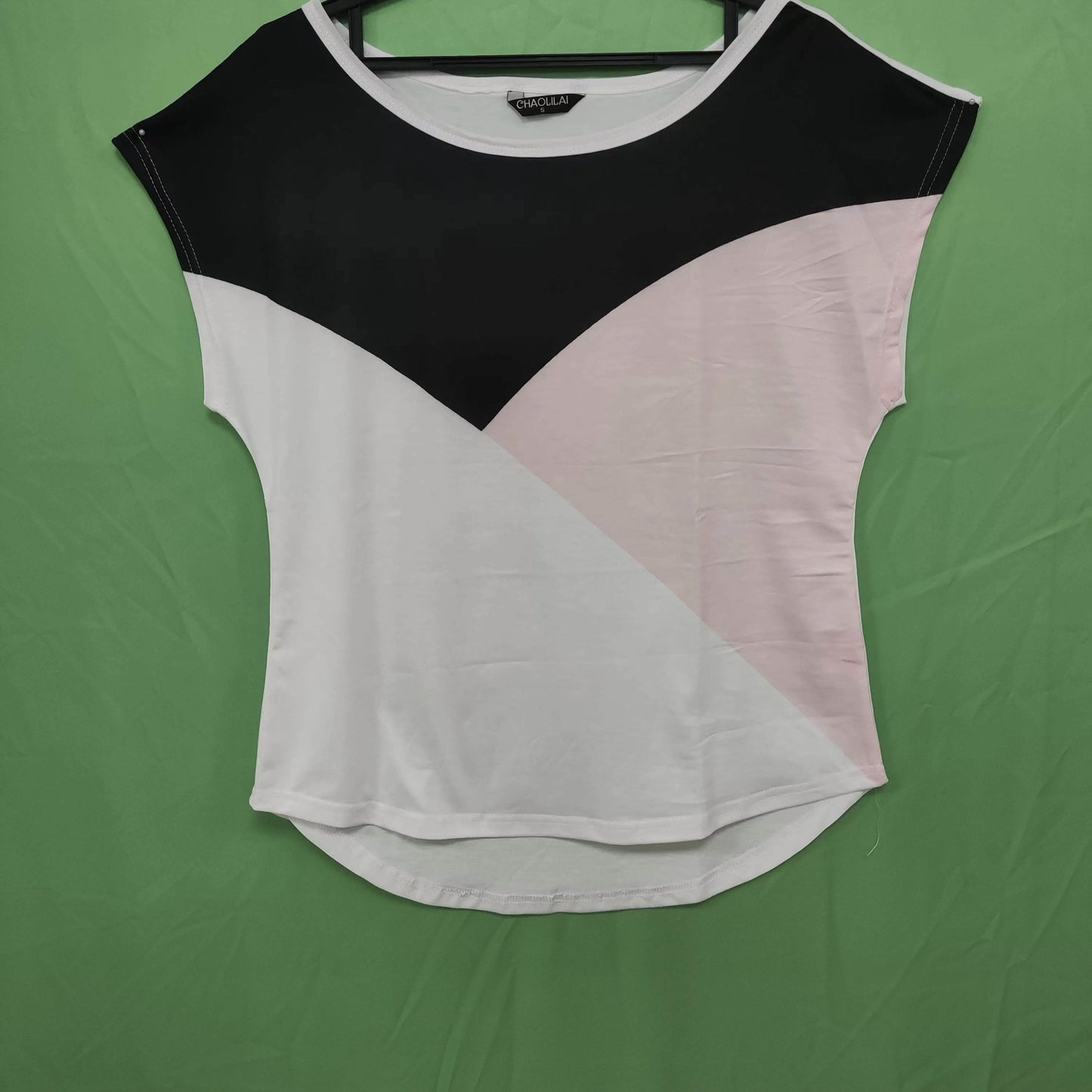 Ladies' Summer Color Blocking Versatile Round Neck Loose Casual Front Short Back Long T-shirt Top