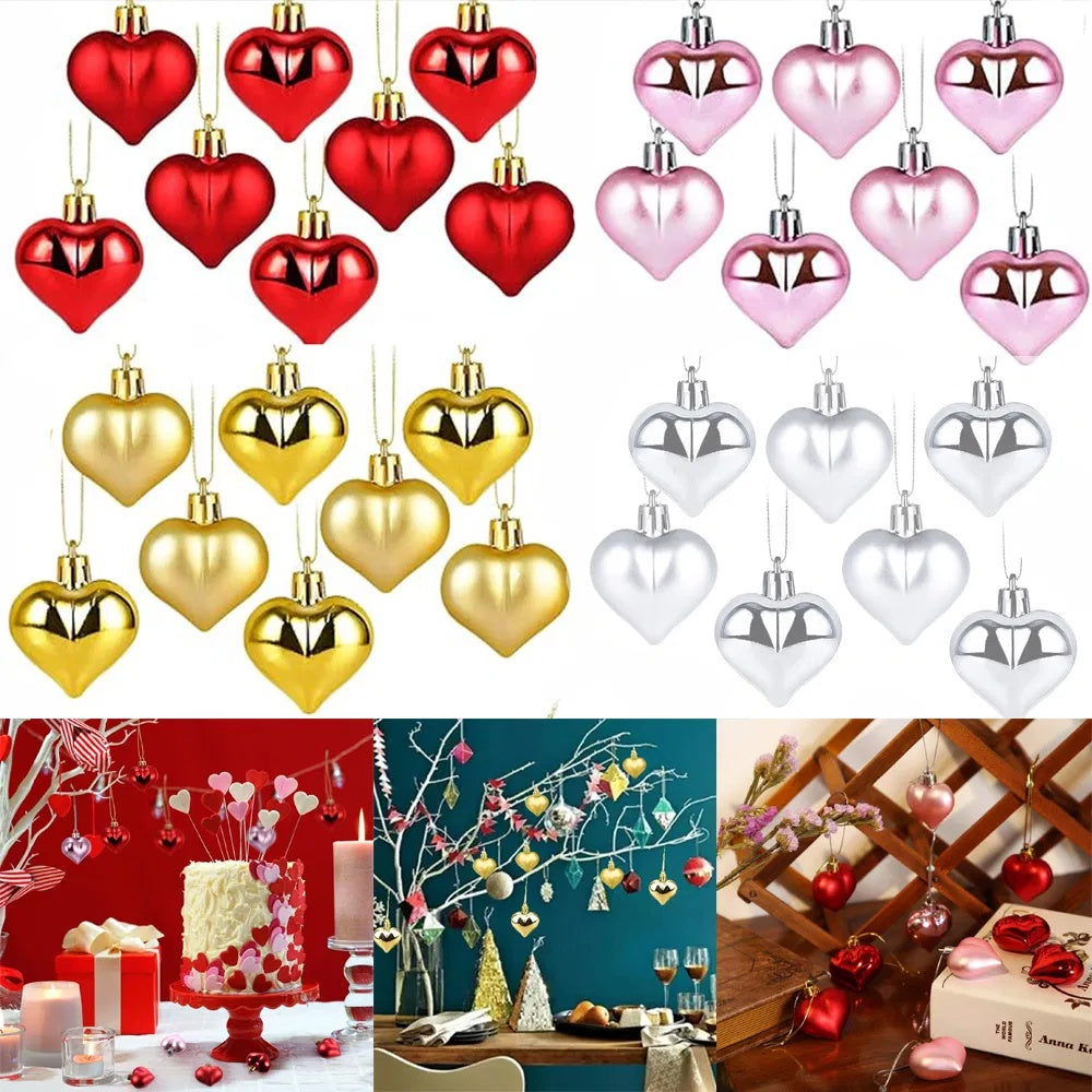12PCS Christmas Heart Shape Ornaments Gold Red Pink Silver Heart Hanging Pendants Glossy And Matte Xmas Tree Decorations For Christmas Tree Party Wedding Valentine Decor