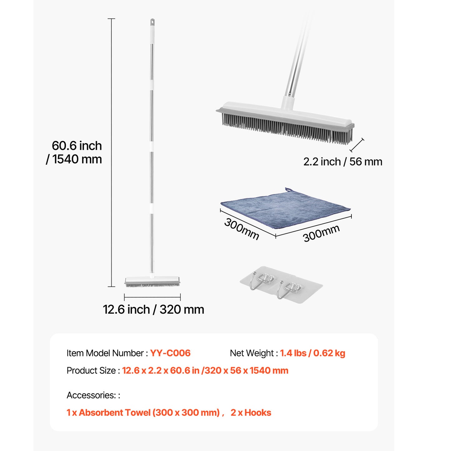 Pet Hair Removal Broom 58.46 In Adjustable Long Handle Pet Hair Rubber Broom