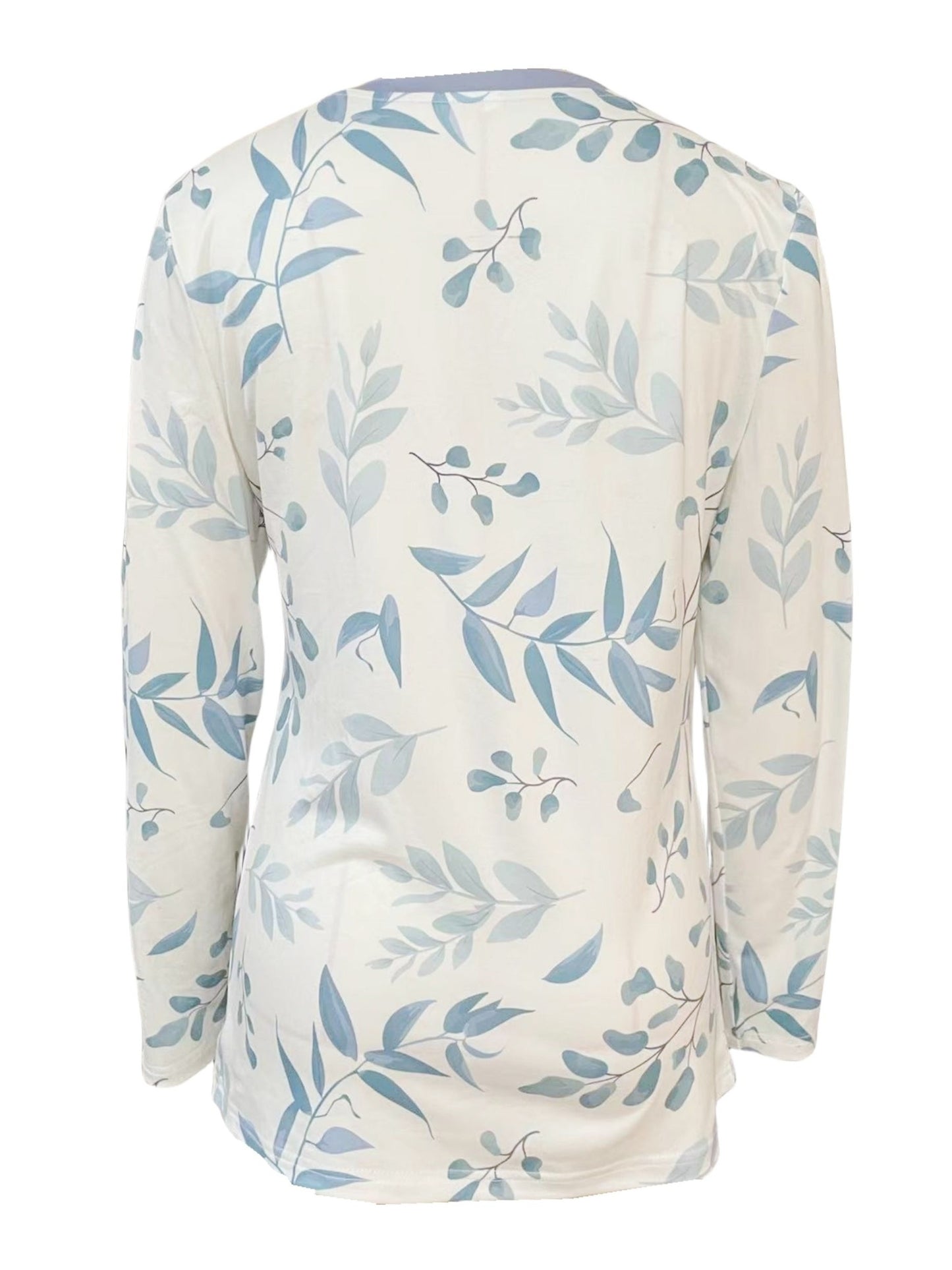 Spring And Autumn New Style Buttoned Leaf Printed Casual Long Sleeve T-Shirt