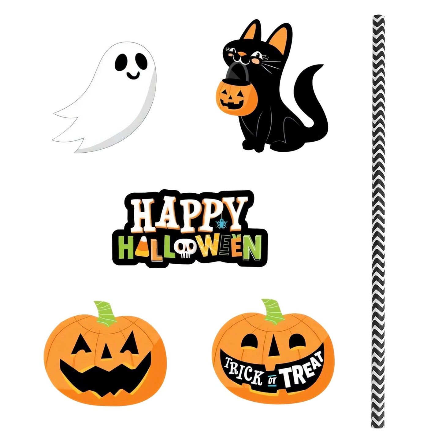 Set Of 25Pcs Halloween Party Striped Decorative Straws Disposable Drinking Straws Paper Straw Decor Happy Halloween Ghost Lantern Black Cat Halloween Party Supplies