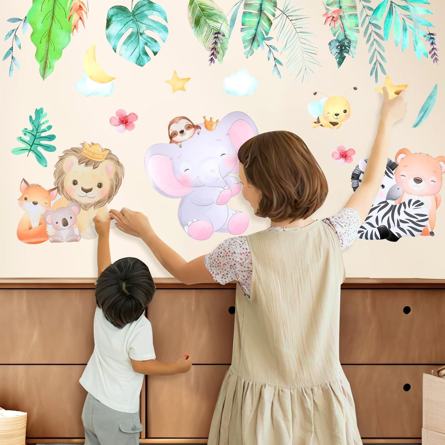 Wall Sticker Jungle Animals Wall Sticker Children's Room Animal Tree Wall Sticker Animal Party Elephant Giraffe Wall Sticker Children's Room Boy Baby Room Bedroom Wall Decoration,481-6789-MG