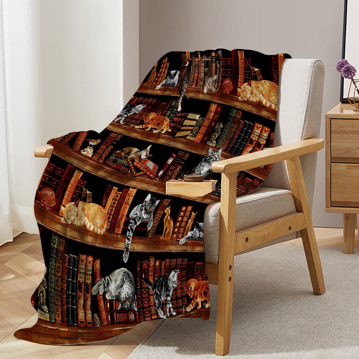 Vintage Kitten Flannel Blanket Cat In The Bookshelf Throw Blanket Librarian Book Lover Gifts Fleece Blankets For Bed Couch Sofa